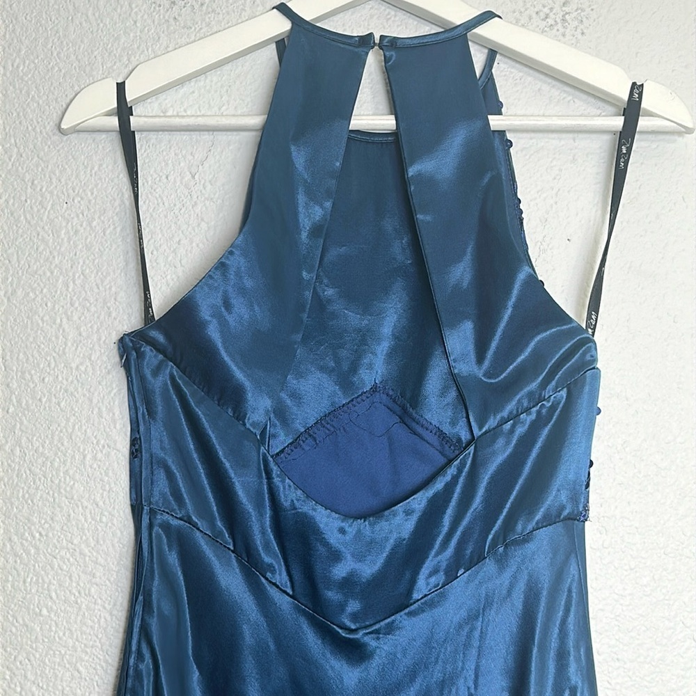 Zum Zum Teal Satin Halter Sequin Maxi Long Dress Womens Size 7/8 Vintage Prom - Picture 3 of 10